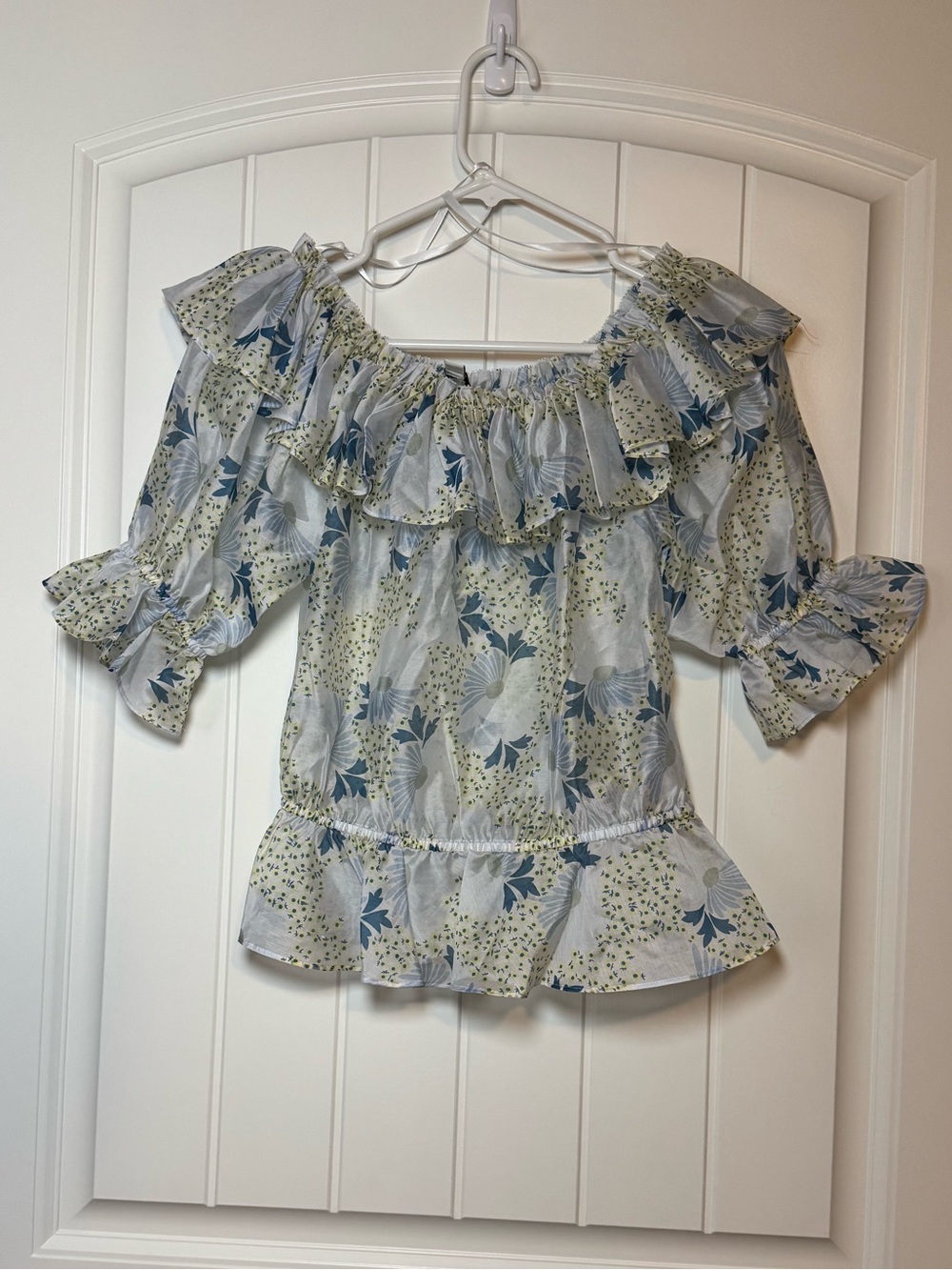 Ted Baker London Trisia Sky Blue Bardot Floral Off-Shoulder Ruffle Top